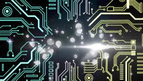 animation of data processing on glowing computer circuit board