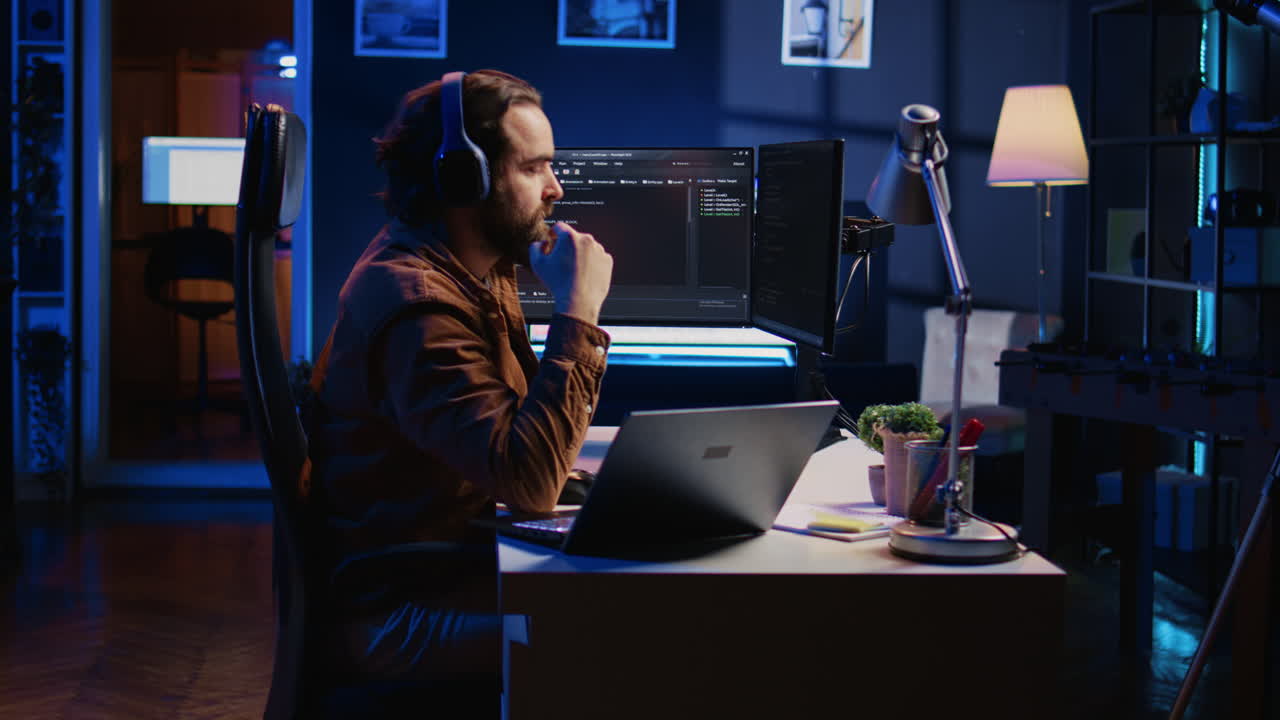 programador frenético grabando impacientemente el escritorio con los dedos mientras escribe código