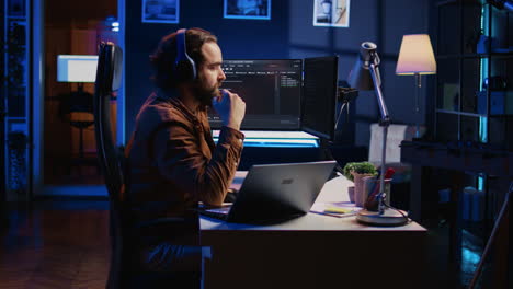 frenzied programmer impatiently taping desk with fingers while writing code