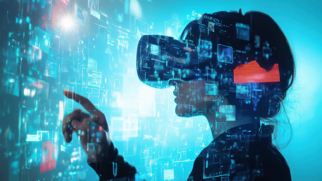 Woman in VR Headset Interacting with Glowing Virtual Data Interface