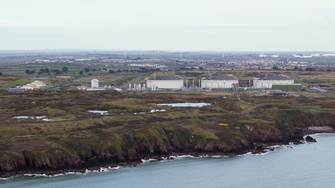South Hook LNG regasification terminal Milford Haven aerial view liquid gas storage silo tanks