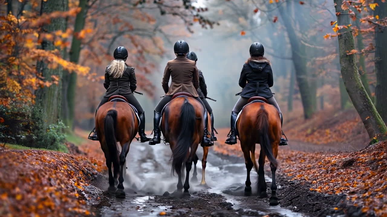 Autumn Trail Ride With Friends in a Picturesque Forest at Dusk. Four horseback riders enjoy a serene autumn trail ride through a forest filled with fallen leaves.