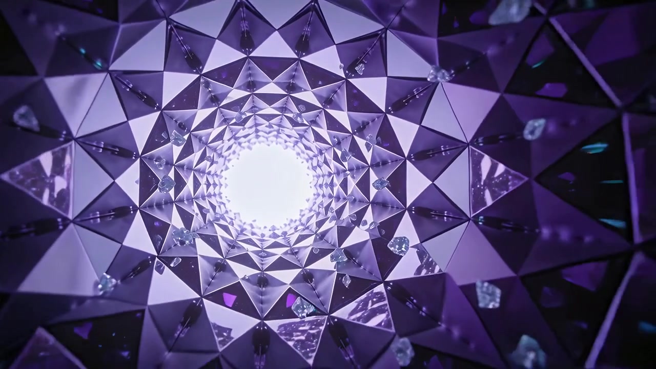 Tunnel di gemme in movimento, la telecamera si avvicina a un nucleo luminoso, con sfaccettature, inserti verde acqua e frammenti.