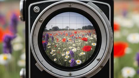 a stunning display of nature's beauty captured through the lens of a camera, showcasing a vibrant flower field with a perfectly framed view of colorful blooms
