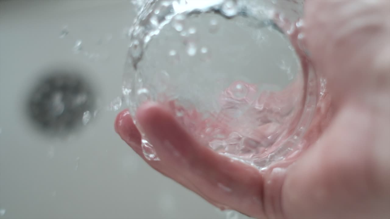 Super Slow Motion of Water Flowing into a Glass. Ultra Cinematic Super Slow Motion of Water Filling a Glass