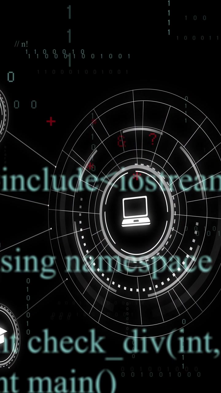 Vertical video: On ping central HUD activating, rings rotating, dots sweeping, code rising for scan