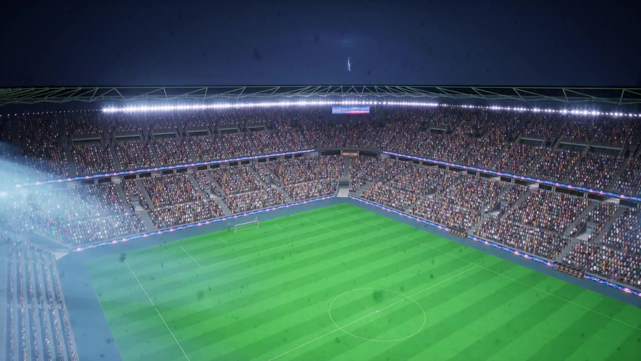 Animazione timelapse di neve che cade su uno stadio di calcio durante l'inverno