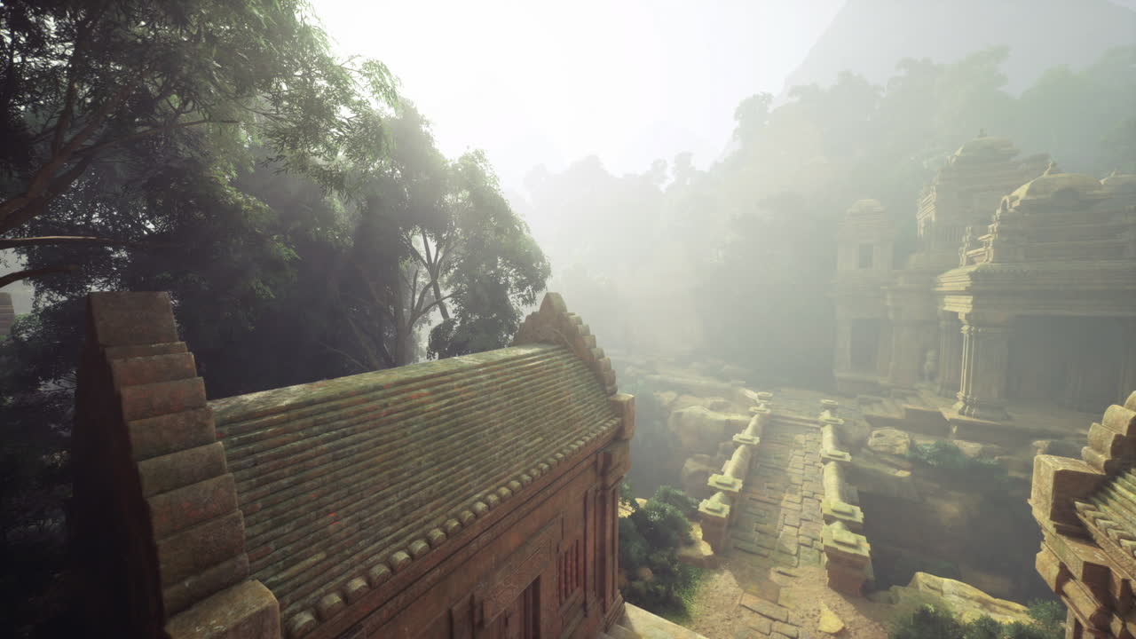 Fredfyldt scene af glemt tempel beliggende midt i levende naturlige omgivelser.
