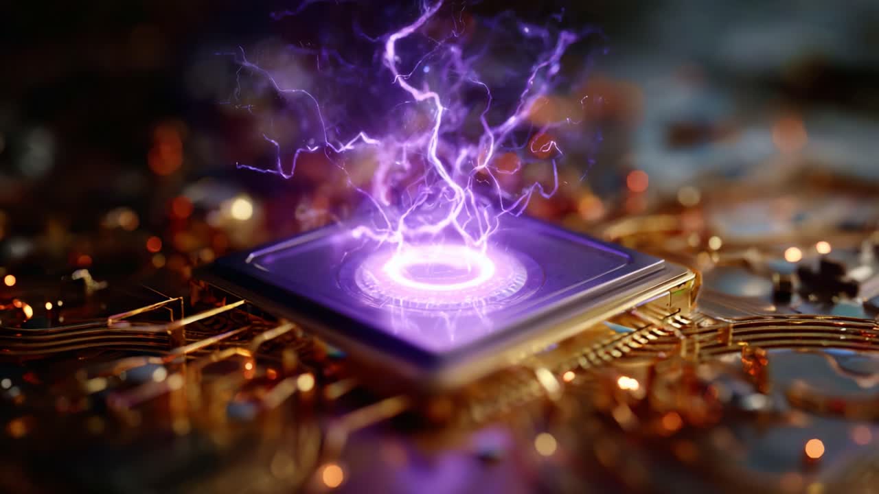Dynamisk energiimpuls, der udgår fra en avanceret mikrochip omgivet af indviklede kredsløb og elektriske mønstre, der fanger essensen af moderne teknologi.
