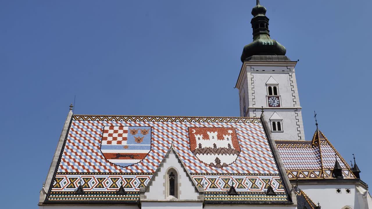 Colourful heraldic tiled roof of St Mark Church, Zagreb city landmark