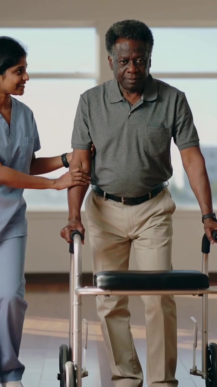 Vertical video: Encouraging nurse in scrubs steadying patient walking with walker for rehab