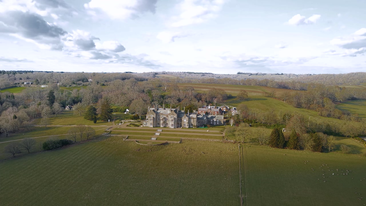 Bayham hall aerial view circling over the grand Jacobean manor property and vast English countryside
