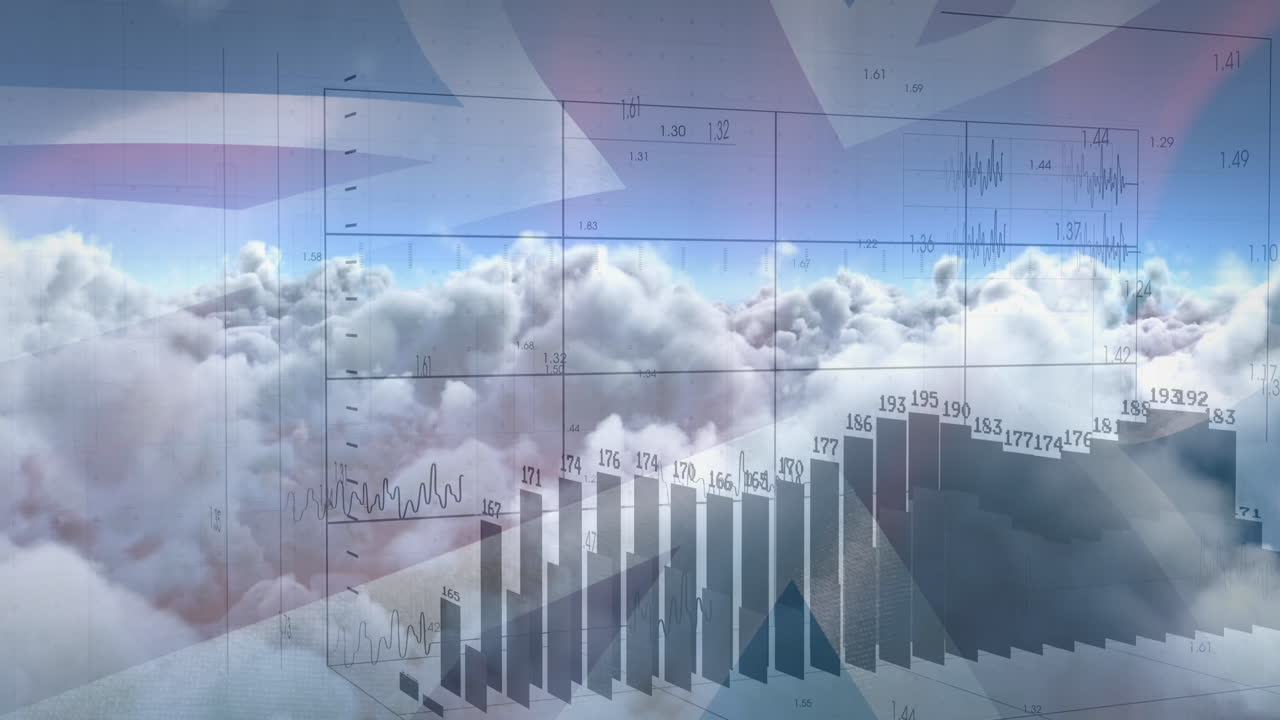Animation of data processing over clouds and flag of uk