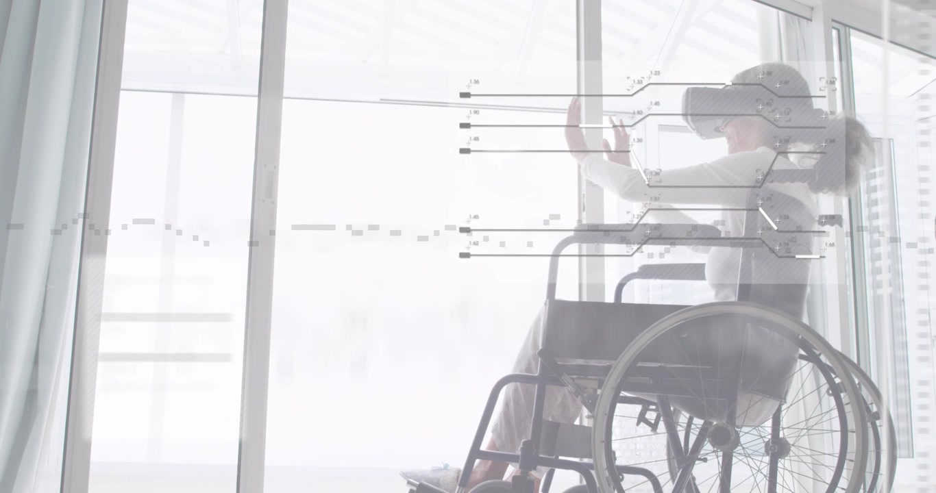 Woman in wheelchair activating VR headset and manipulating holographic charts for tech analysis