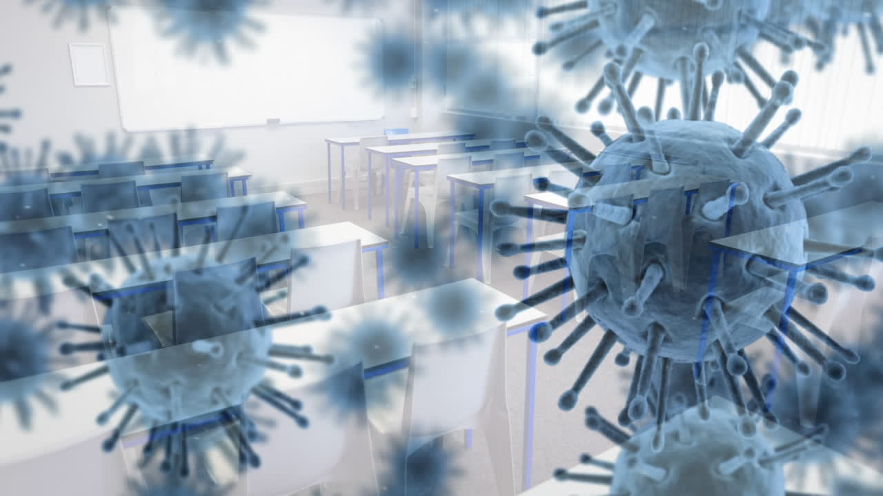 빈 학교 교실에서 퍼지는 거대 코로나바이러스 세포의 애니메이션