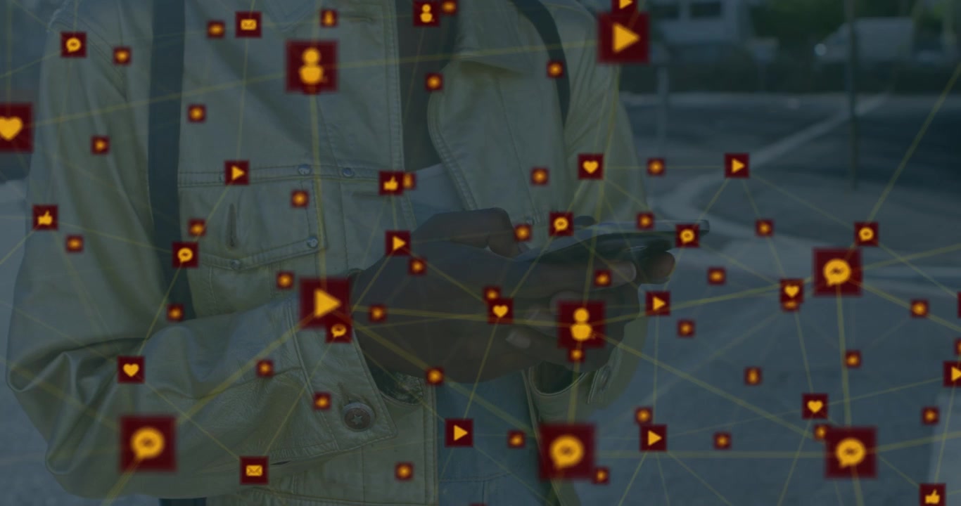Network of profile icons and business network of profile icons against digitally frohe map