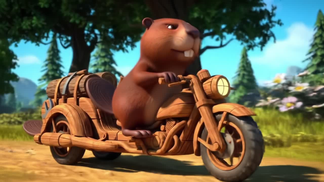 A Woodsy Adventure: A Cartoon Beaver Rides a Wooden Motorcycle Through a Lush Forest Landscape, Embracing Nature's Beauty and the Thrills of Exploration