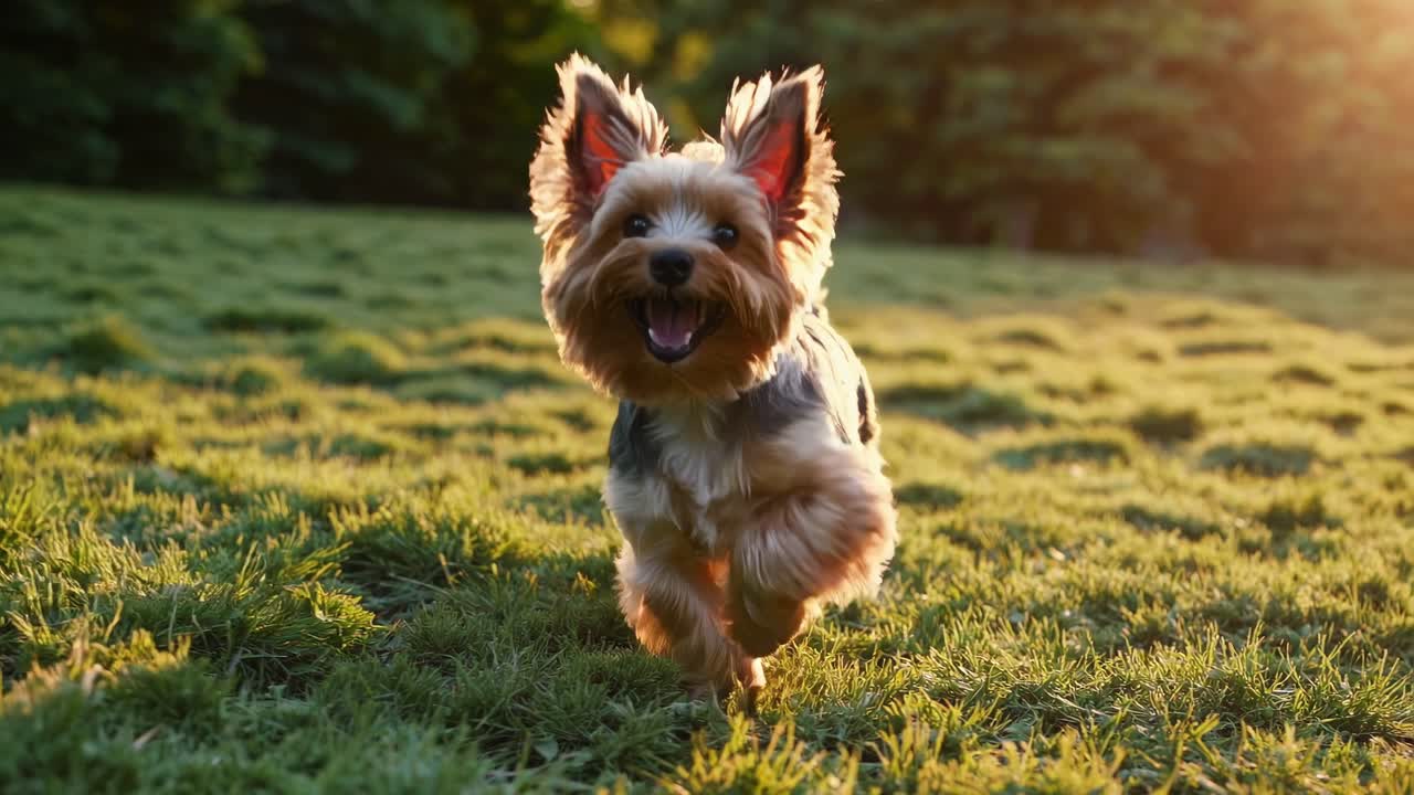 A joyful dog runs on grass at sunset, captured from a low-angle