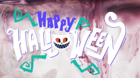 animación de texto feliz de halloween y gato sobre fondo blanco