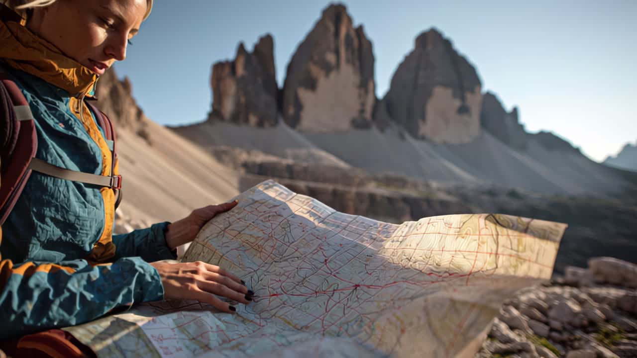 Filmisk optagelse af en kvindelig backpacker, der studerer et papirkort på et klippefyldt udsigtspunkt med dramatiske alpetoppe i baggrunden, koncept for rejse, navigation og vandring.