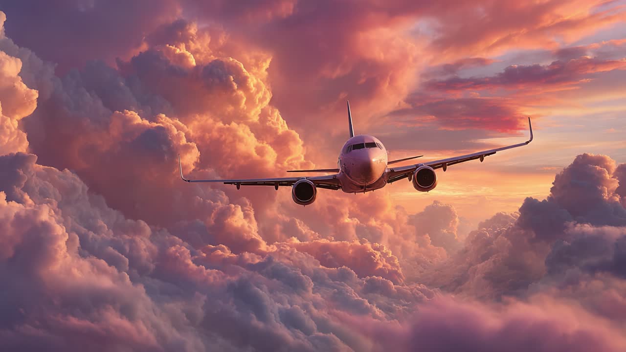 Un avión majestuoso se eleva a través de un cielo colorido al atardecer, lleno de nubes espectaculares, capturando el espíritu de aventura y libertad al aire libre.