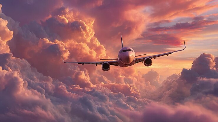 Un avion majestueux s’élève dans un ciel de coucher de soleil coloré rempli de nuages spectaculaires, capturant l’esprit d’aventure et de liberté en plein air