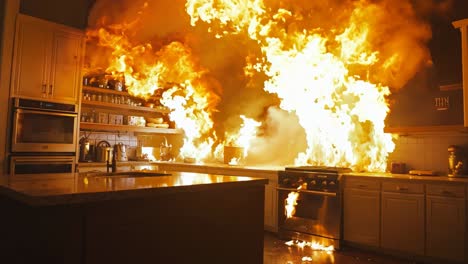 a kitchen with a large fire in the middle of it