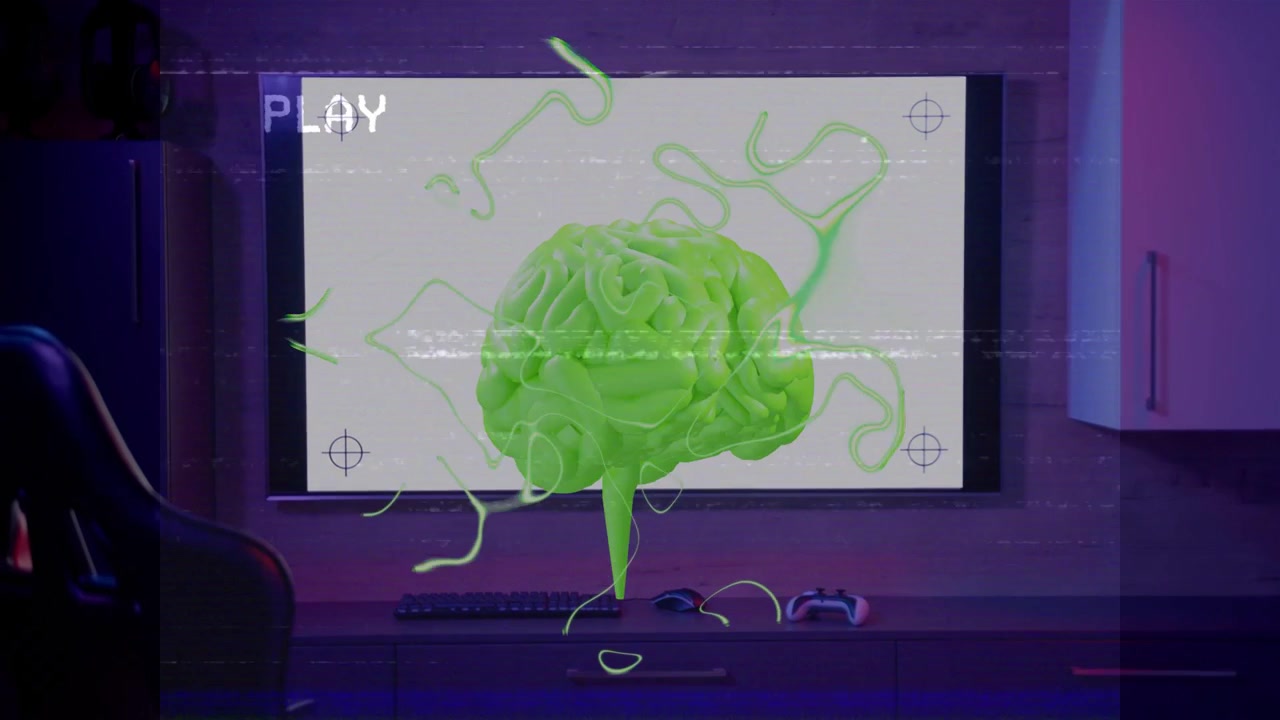 Neon green stylized brain appearing triggers rotating, bobbing and tendrils waving for mood
