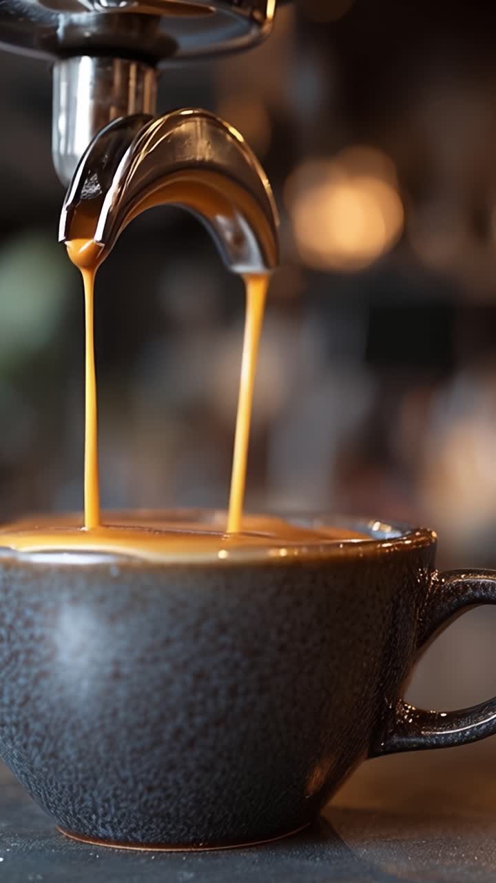 Perfektion i brygning: Kunsten at udvinde espresso vist i to fængslende rammer af rig kaffe, der flyder ned i en smukt udformet kop.