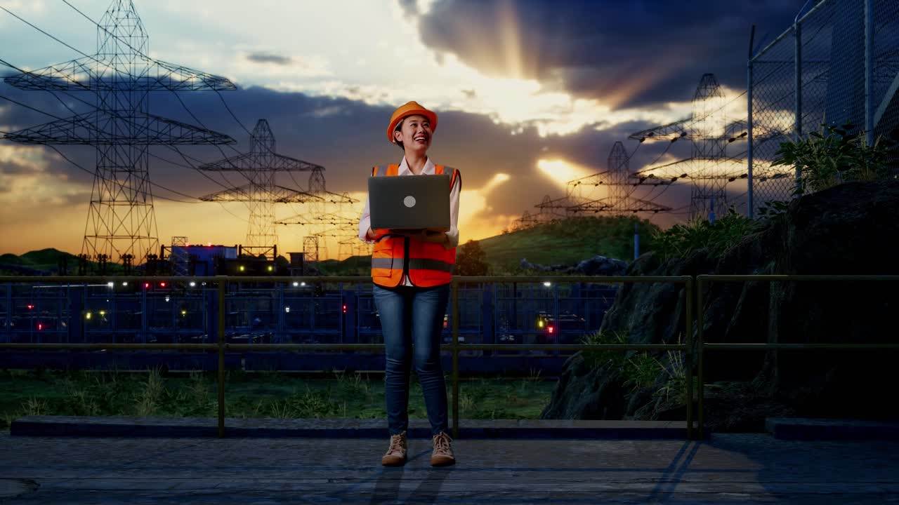 cuerpo lleno de ingeniera asiática con casco de seguridad trabajando en una computadora portátil y mirando a su alrededor mientras está de pie cerca de la torre de alto voltaje