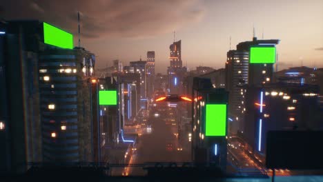 fondo en bucle de 4k con pancartas de pantalla verde. ciudad 3d del futuro