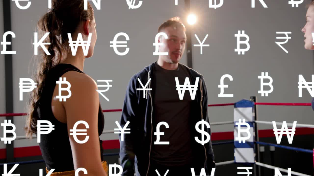 Coach stepping between boxers, gesturing advice, boxers prepping to spar, currency overlaying faces