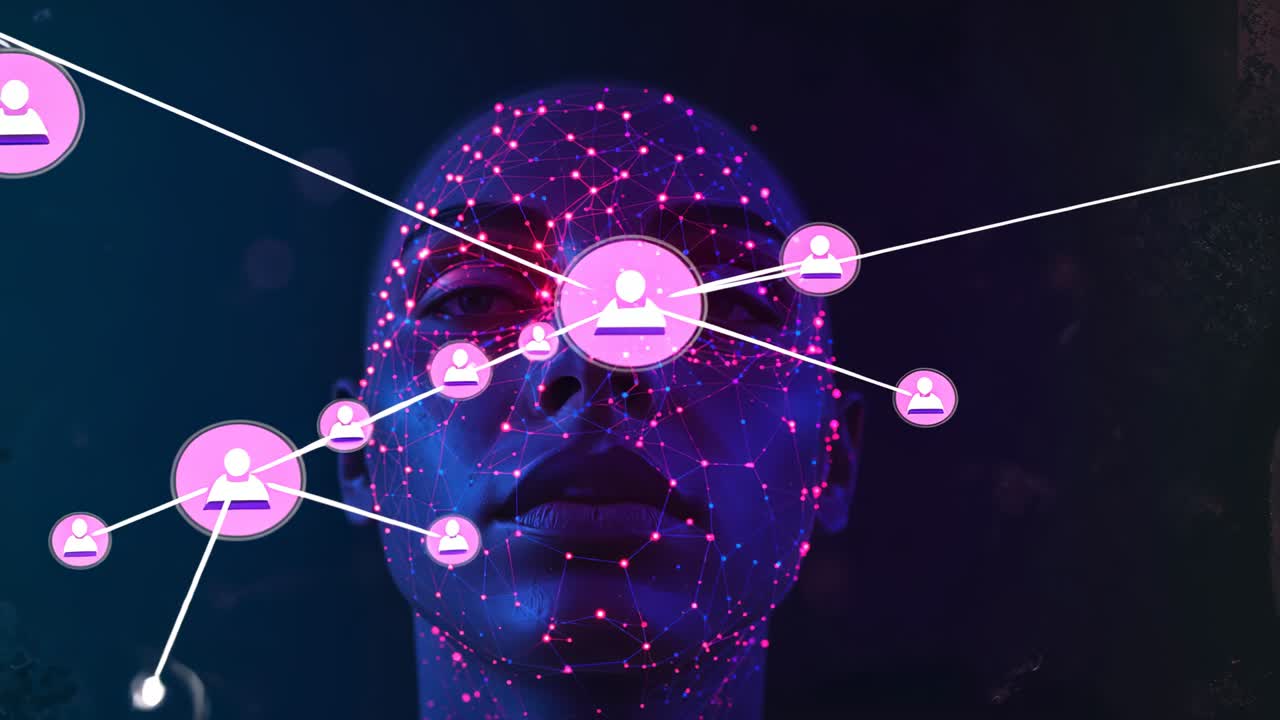 Popping pink user icons onto 3D human head magenta grid at first second, forming network lines