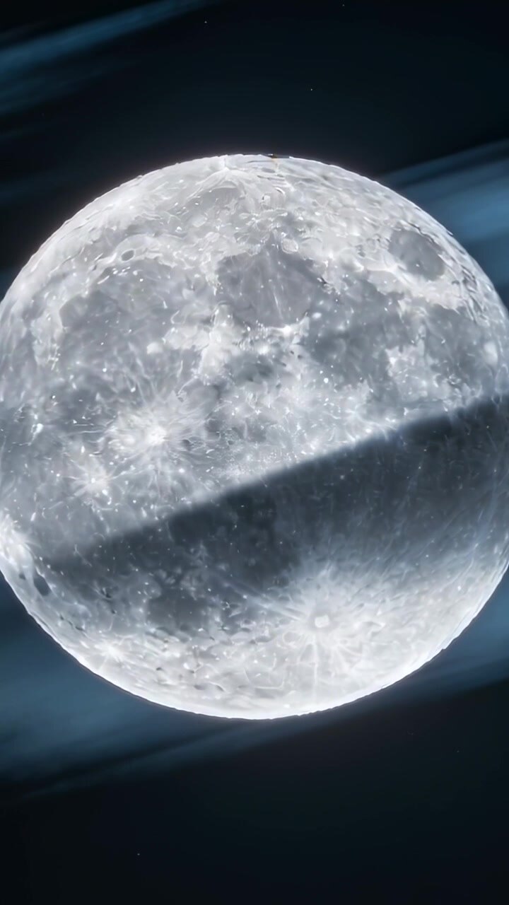 Vídeo vertical: Nuvens finas e alongadas se movendo cruzando a lua cheia no céu noturno vertical, impulsionadas pelo vento