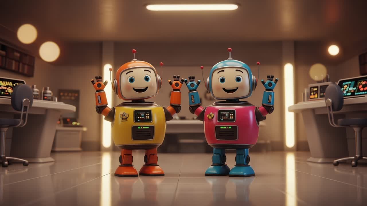 Due robot allegri in un laboratorio futuristico che mostrano amicizia e innovazione con colori vivaci ed espressioni coinvolgenti