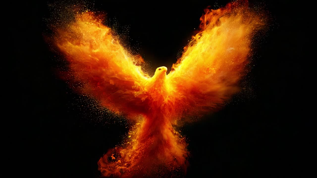 A magnificent and vibrant phoenix emerges from a backdrop of darkness, its fiery wings spread wide in a dazzling display of power, beauty, and mystique, symbolizing rebirth and renewal