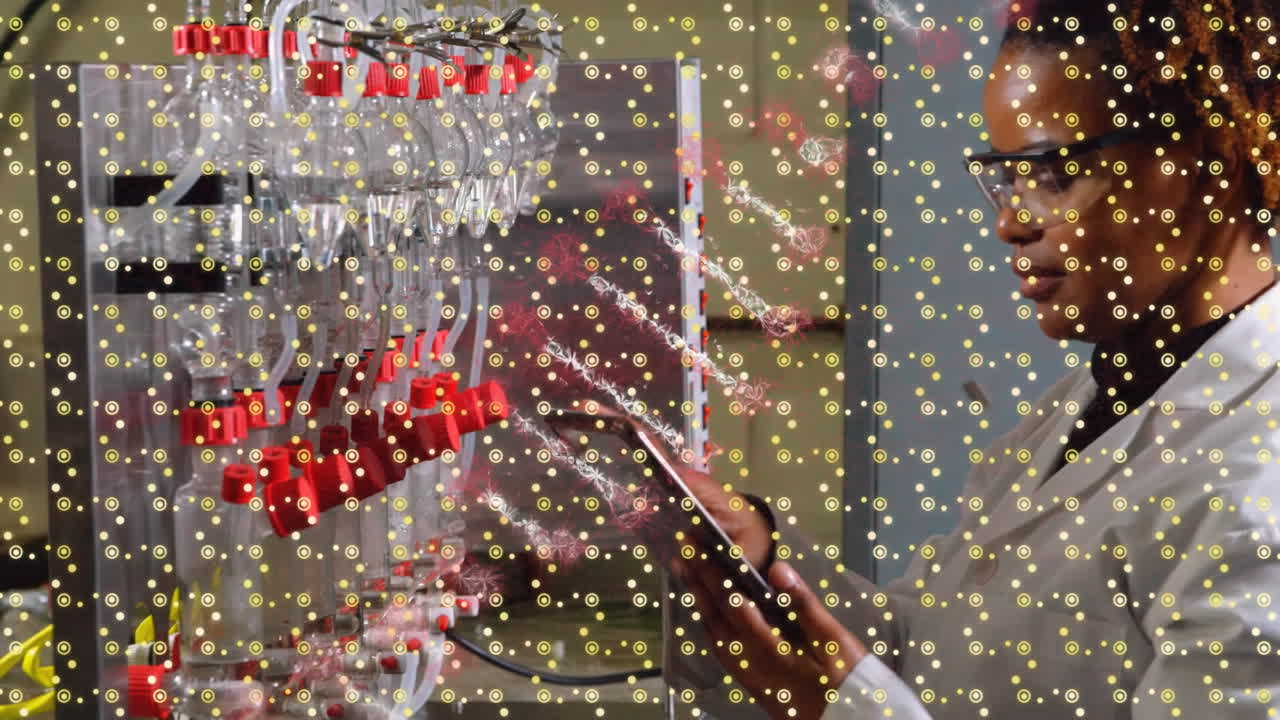 실험실 에서 일 하는 아프리카계 미국인 여성 과학자 에 대한 dna 가닥 과 노란 점 들 의 애니메이션