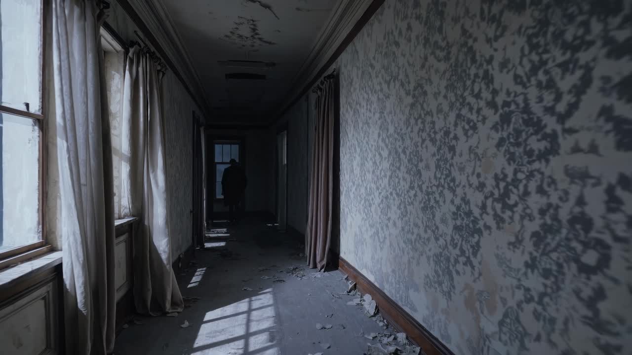 Dimly lit corridor with peeling wallpaper, sunlight streaming through curtains, revealing debris on the floor, showcasing a haunting atmosphere and gradual scene progression