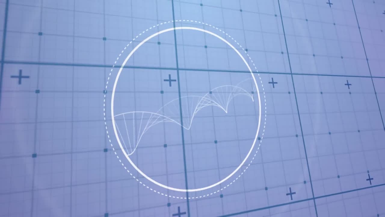 회색 배경에 파란색 그리드 위에 회전하는 dna 나선과 함께 원형 스캐너의 애니메이션