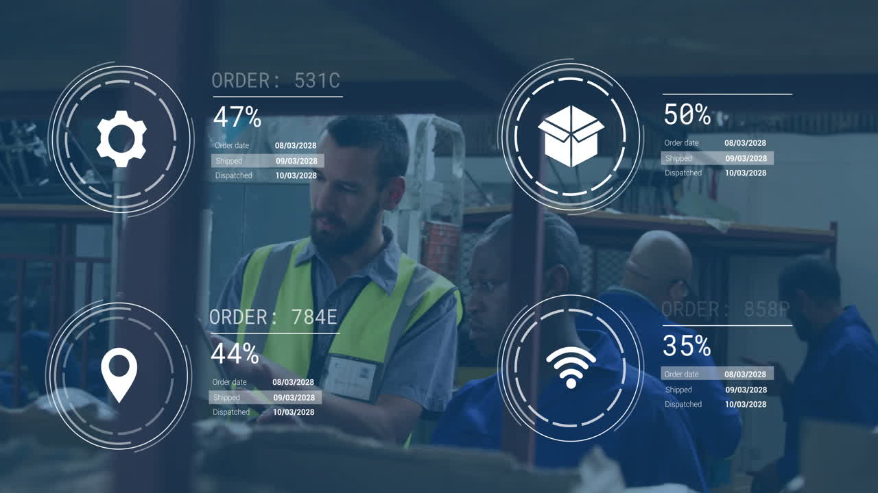 In warehouse, workers discussing logistics with animated data processing overlay