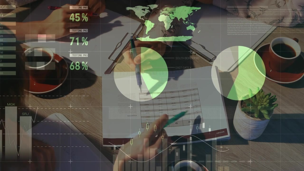 Animation of statistical data processing over mid section of colleagues discussing over documents