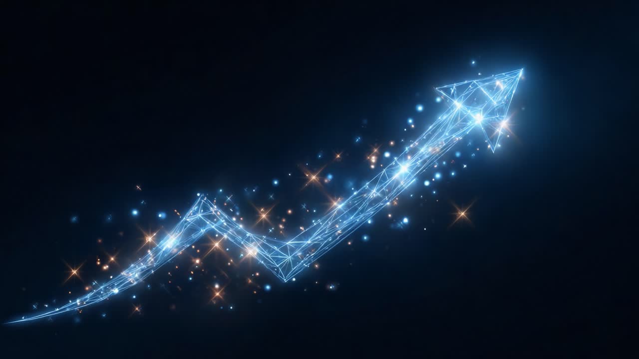 A mesmerizing digital representation of growth and progress illustrated through a captivating blue arrow that soars upwards, surrounded by sparkling light particles in a dark backdrop