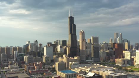 aerial view of willis tower at sunset