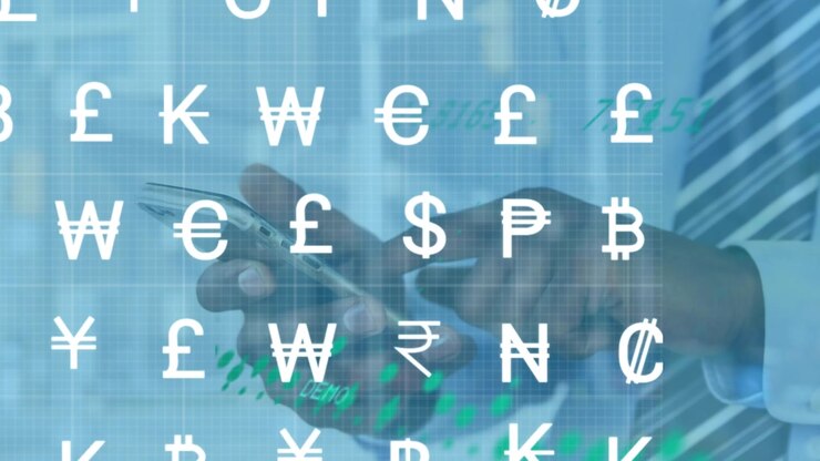 Animation of currency symbols and data processing over african american businessman using smartphone