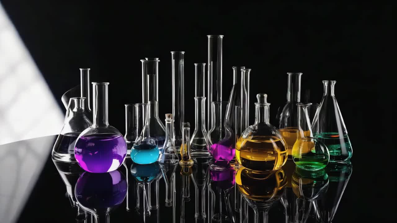 Colorful liquids in laboratory glassware