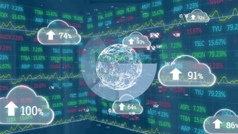 animación del globo en gráfico de pastel giratorio y nubes con flecha y 100 por ciento sobre el tablero de negociación