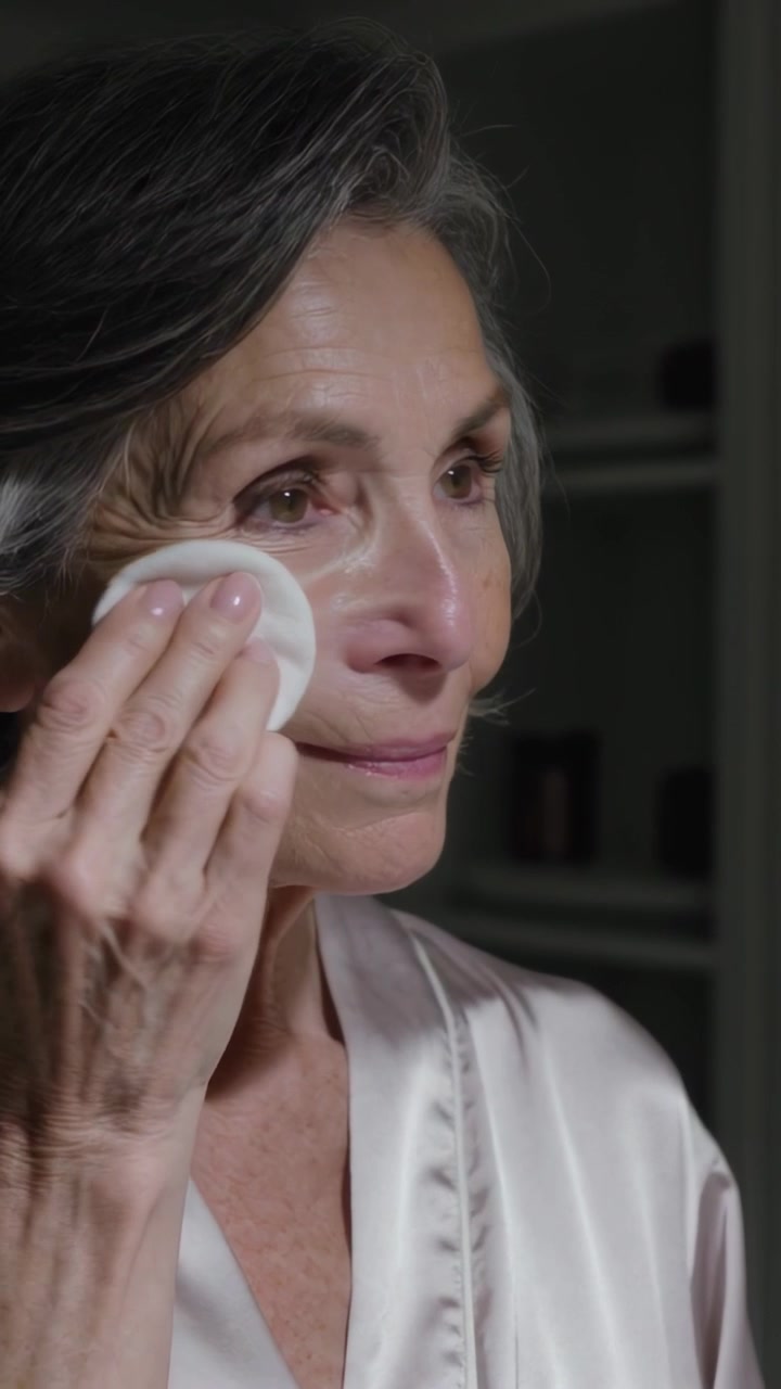 Vertical video: Lifting cotton pad, senior woman cleansing under eye at vanity, robe, shelf