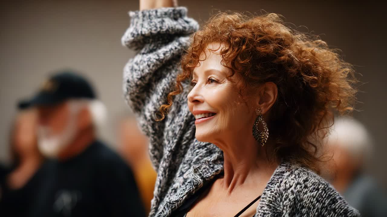 Joyful Celebration of Life: A Woman Expressing Happiness and Confidence in a Group Setting, Embracing the Moment with a Raised Hand and Radiant Smile