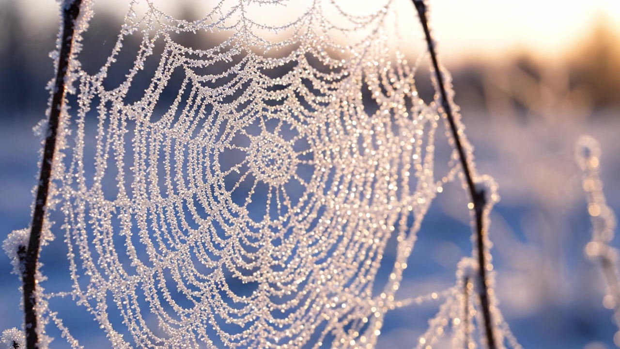 Ragnatela Ghiacciata Scintillante alla Luce del Mattino, Catturando l'Essenza della Bellezza della Natura con Motivi Intricati e Goccioline di Rugiada Riflettenti