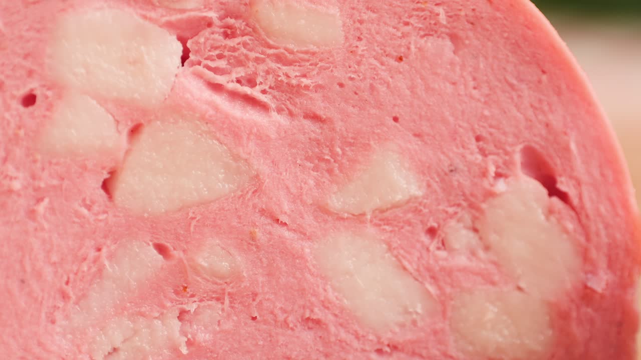 Ham italian mordatella, man Slices Of Traditional Italian antipasti mortadella sausage on a wooden cutting board, close up macro of chicken or turkey jamon, fat breakfast dish.